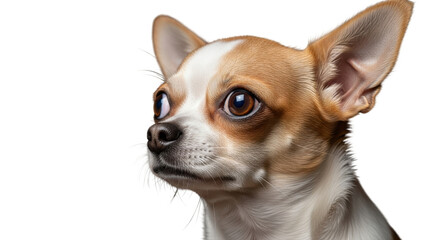 Obraz premium Cute wide-eyed brown and white Chihuahua dog portrait looking curiously sideways isolated PNG with Transparent Background