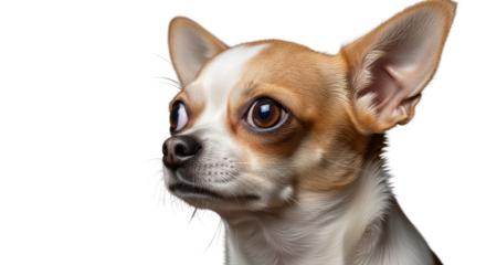 Cute wide-eyed brown and white Chihuahua dog portrait looking curiously sideways isolated PNG with Transparent Background