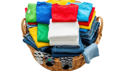 Woven basket overflowing with neatly stacked colorful folded clothes and denim jeans. isolated PNG with Transparent Background