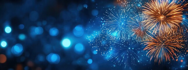 Bright blue and orange fireworks exploding in the night sky with glowing bokeh lights creating a festive and celebratory atmosphere