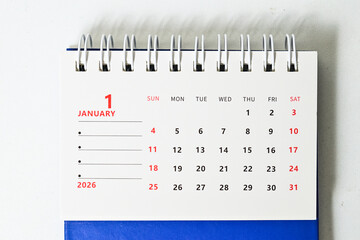 January 2026. Resolution, strategy, solution, goal, business and holidays. Date month. Page of annual monthly calendar. planning new year. isolated on white background. close up view. top, above.