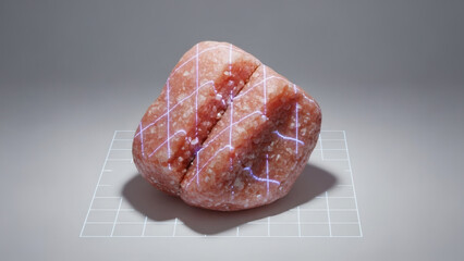 A reddish-brown irregular object with a glowing purple grid pattern on its surface, placed on a grey background with a subtle grid.