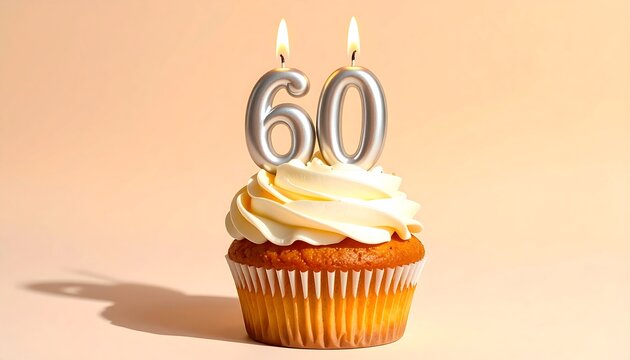 Sweet Birthday Cupcake with Number Sixty Candle Celebrating Milestone 60th Anniversary in Festive Party Theme - Powered by Adobe