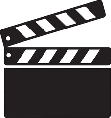 Black and white vector graphic of an open film clapperboard with white rectangular cutouts
