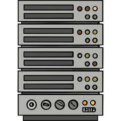 Fototapeta premium Stacked Computer Server Racks With Indicator Lights And Control Dials On A Black Background In A Data Center Environment