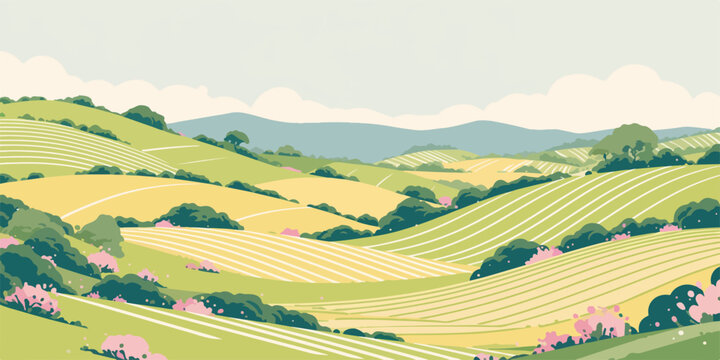 Vector illustration of a serene spring landscape featuring rolling green and yellow agricultural fields, distant mountains, and pink blossoms.