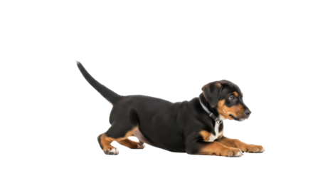Adorable black and brown mixed breed puppy dog in playful crouch looking sideways. isolated PNG with Transparent Background