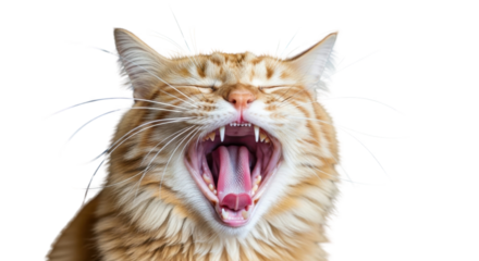 Funny close-up portrait of an orange ginger tabby cat yawning widely. isolated PNG with Transparent Background