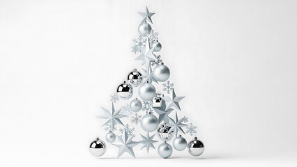 A christmas tree shape made of silver ornaments stars and snowflakes on a white background studio shot