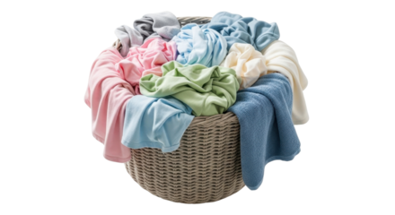 Full woven laundry basket overflowing with colorful clean clothes and towels ready for folding isolated PNG with Transparent Background