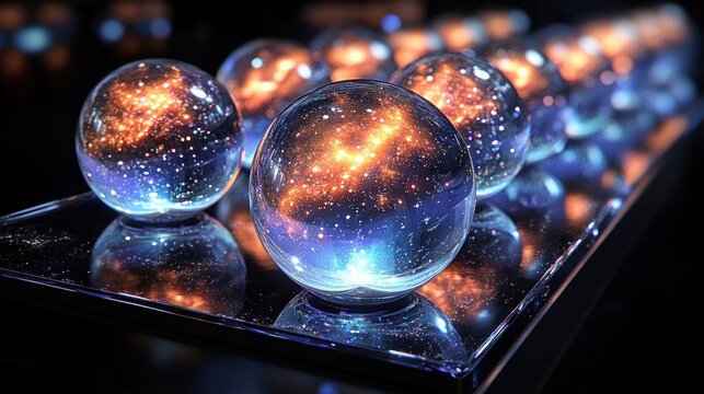 Row of transparent glass spheres with glowing galaxy-like patterns inside reflecting warm orange and cool blue light on a glossy surface under dim lighting - Powered by Adobe