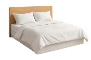 Comforting modern bed with clean white bedding and wooden headboard creating a peaceful bedroom scene, transparent background