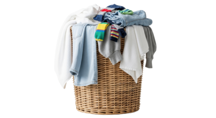 Wicker laundry basket overflowing with dirty clothes and colorful garments for household chores isolated PNG with Transparent Background
