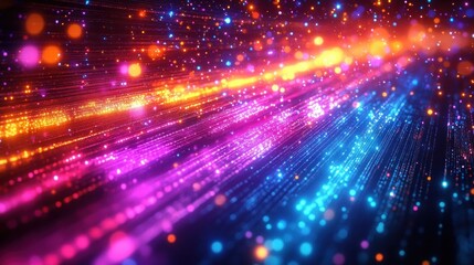 Fototapeta premium Vibrant glowing streaks of colorful light particles in purple, blue, orange, and pink create a dynamic and energetic abstract scene