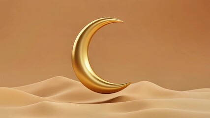 Witness the shimmering golden crescent moon gracefully rise from the serene desert sands, a mesmerizing animation bringing celestial beauty and peaceful vibes to your project