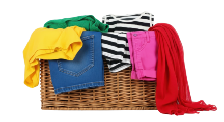 Pile of colorful dirty laundry clothes overflowing from a woven wicker basket isolated PNG with Transparent Background