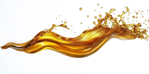 Golden liquid splash captured in smooth flowing motion against white background, showing dynamic fluidity and energy