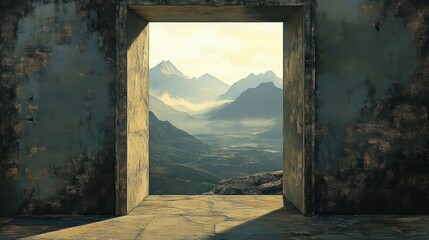 view through a large stone doorway onto a misty mountain landscape with layered peaks under soft sunlight