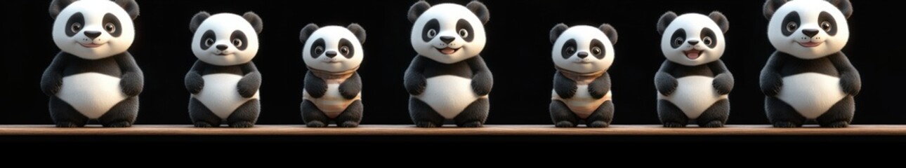 Obraz premium Seven cute cartoon panda bears standing in a row on a flat surface against a black background with happy expressions and varied poses