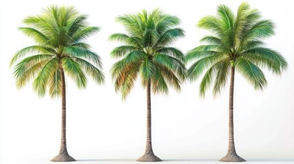 Obraz premium Three tall green palm trees with lush fronds standing evenly spaced on a light surface against a white background