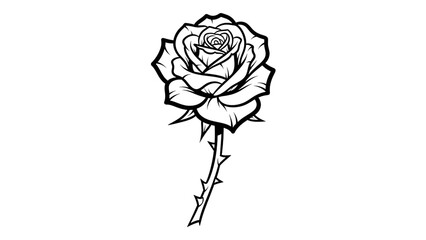 A minimalist illustration of a rose depicted in white outline against a stark black backdrop here.