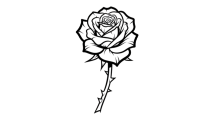 A minimalist illustration of a rose depicted in white outline against a stark black backdrop here.