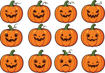 Cartoon jack o lantern pumpkins, Halloween faces, spooky expressions, funny carved pumpkins, festive orange gourds, holiday decoration, seasonal clipart illustration