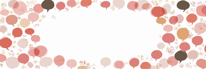 Playful vector background with an array of colorful speech bubbles and decorative elements framing a central white space for text.