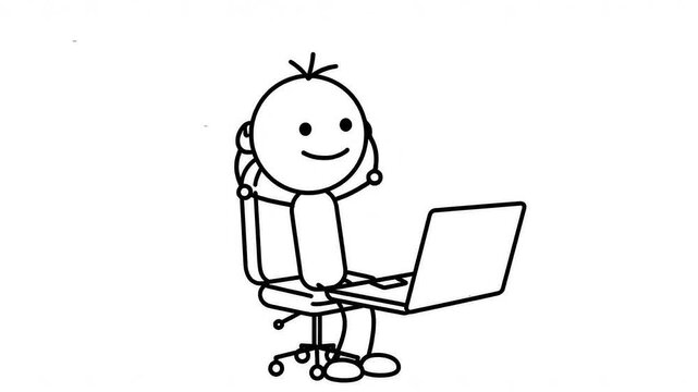 Smiling Stick Figure Character Sitting On Office Chair Typing On Laptop Computer Isolated On White Background