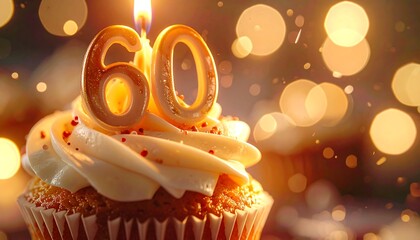 Tasty Bakery Cupcake with Number 60 Candle as a Celebration Symbol for a Memorable Sixtieth Birthday Event