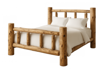 Rustic log bed with natural wooden frame and white bedding creating a cozy, natural bedroom furniture piece on transparent background
