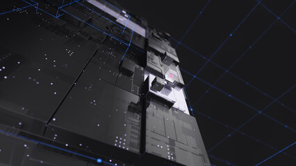 Complex technological composition featuring geometric forms, blue data lines