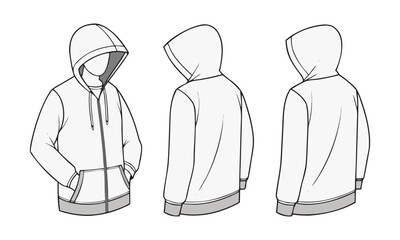 White blank zip hoodie mockup three angle views vector illustration, easily editable. © TrustMaker Design