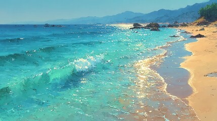 Fototapeta premium Sunny beach scene, turquoise waves lapping at golden sand, serene coastal landscape perfect for relaxation and escape.
