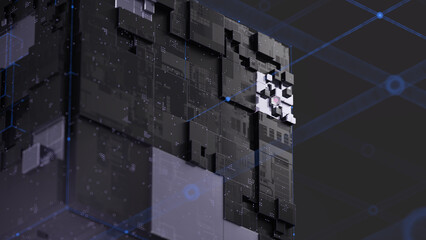 Complex 3D structure with interconnected blocks, circuitry patterns