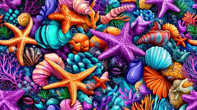 Vibrant Underwater World, Colorful Starfish and Seashells in Harmony