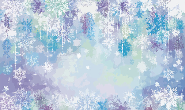 Beautiful vector illustration of a winter wonderland background with falling snowflakes in blue, purple, and white hues, perfect for festive designs.