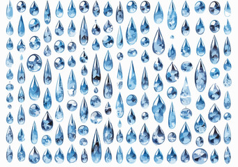 A large collection of glossy blue water droplets and clear crystal shapes, rendered as a detailed vector illustration, creating a refreshing and clean pattern.