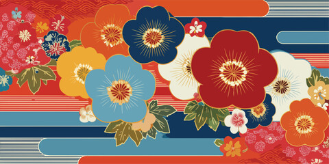 Vibrant Japanese traditional floral pattern with colorful plum blossoms and flowing cloud motifs, perfect for elegant design backgrounds.