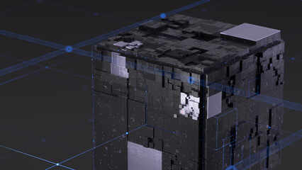 Abstract technological environment featuring a dark server-like form with blue grid lines and nodes