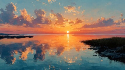 Tranquil sunset over calm waters, vibrant oranges and pinks reflecting in serene lake, perfect for relaxation themes.