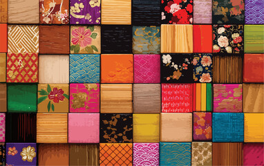 Vibrant and diverse patterned squares create a rich mosaic of textures and colors, forming an intricate abstract background.