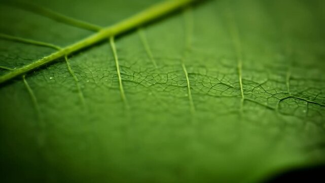 Macro View Of Green Leaf Veins With Water Droplets