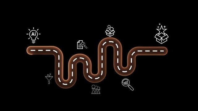 Creative idea generation for new product development concept. Creative thinking and innovation. Road map with stages of innovation icons, generating creative and Motion graphics of road sign concept.