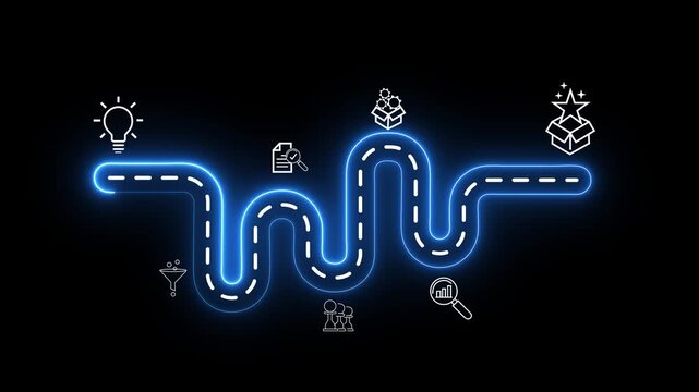 Creative idea generation for new product development concept. Creative thinking and innovation. Road map with stages of innovation icons, generating creative and Motion graphics of road sign concept.