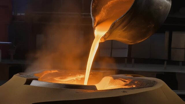 Close-up of a worker pouring glowing molten metal from a crucible into a mold at a foundry, showcasing the intense heat of the casting process