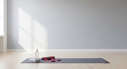 A yoga mat with a towel and a water bottle on it in a minimalist room with a large window and hardwood floors.