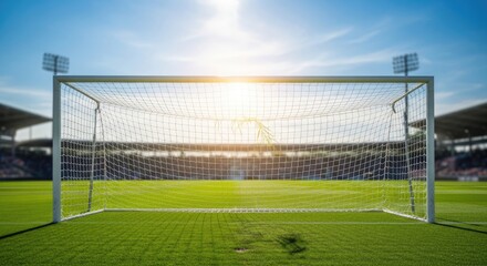 Fototapeta premium A soccer goalpost with a net on a grass field with a stadium in the background.