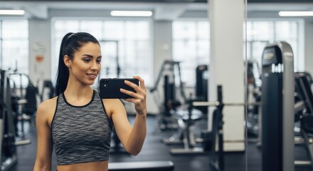 Fototapeta premium A woman in a gym taking a selfie in front of a mirror.