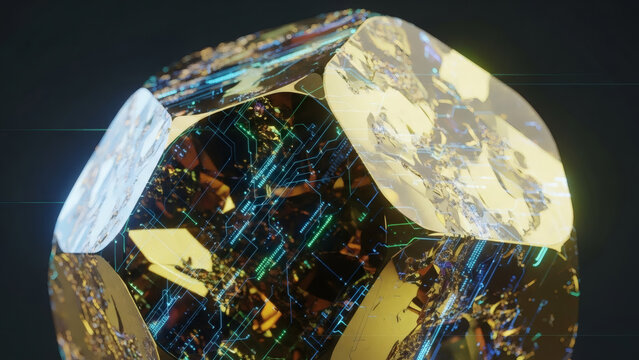 Abstract multifaceted crystal with glowing circuit-like patterns and golden reflections on a dark background. - Powered by Adobe